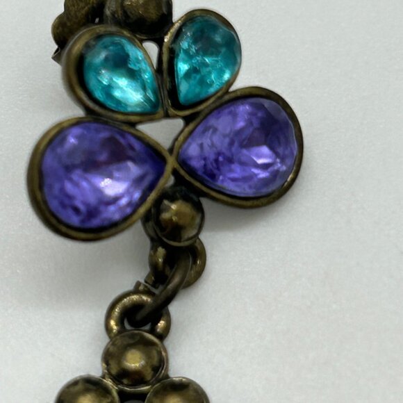 Vintage Rhinestone Dangle Earrings Purple Turquoise Yellow Statement Mardi Gras - Picture 3 of 12